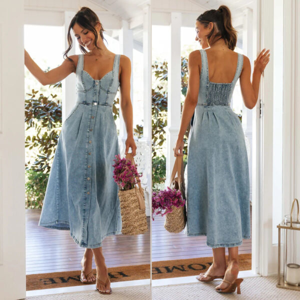 Women's Denim Buckle Strap Midi Dress - Image 8