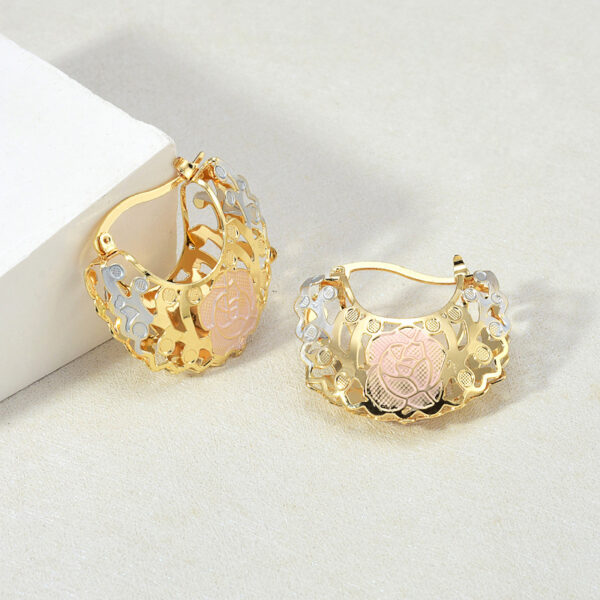 Hollow Rosette Earrings With Gold Contrast Hoops - Image 7