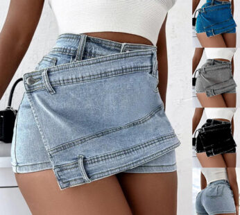 Y2K Street Vintage Denim Shorts Stretch Overlap Waist Wrap Solid Asymmetrical Hem A-Line Skinny Mini Skorts Skirt